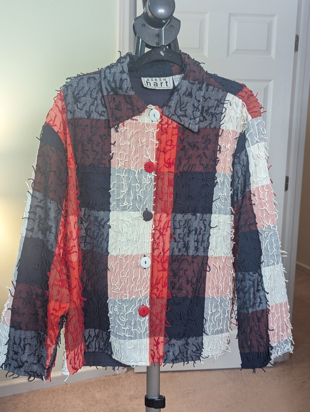 Vintage Keren Hart Patchwork Shaggy Fringe Jacket Red Black Cream Art to Wear M